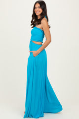 Aqua Blue Smocked Drawstring Halter Side Cutout Jumpsuit