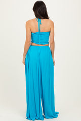 Aqua Blue Smocked Drawstring Halter Side Cutout Jumpsuit