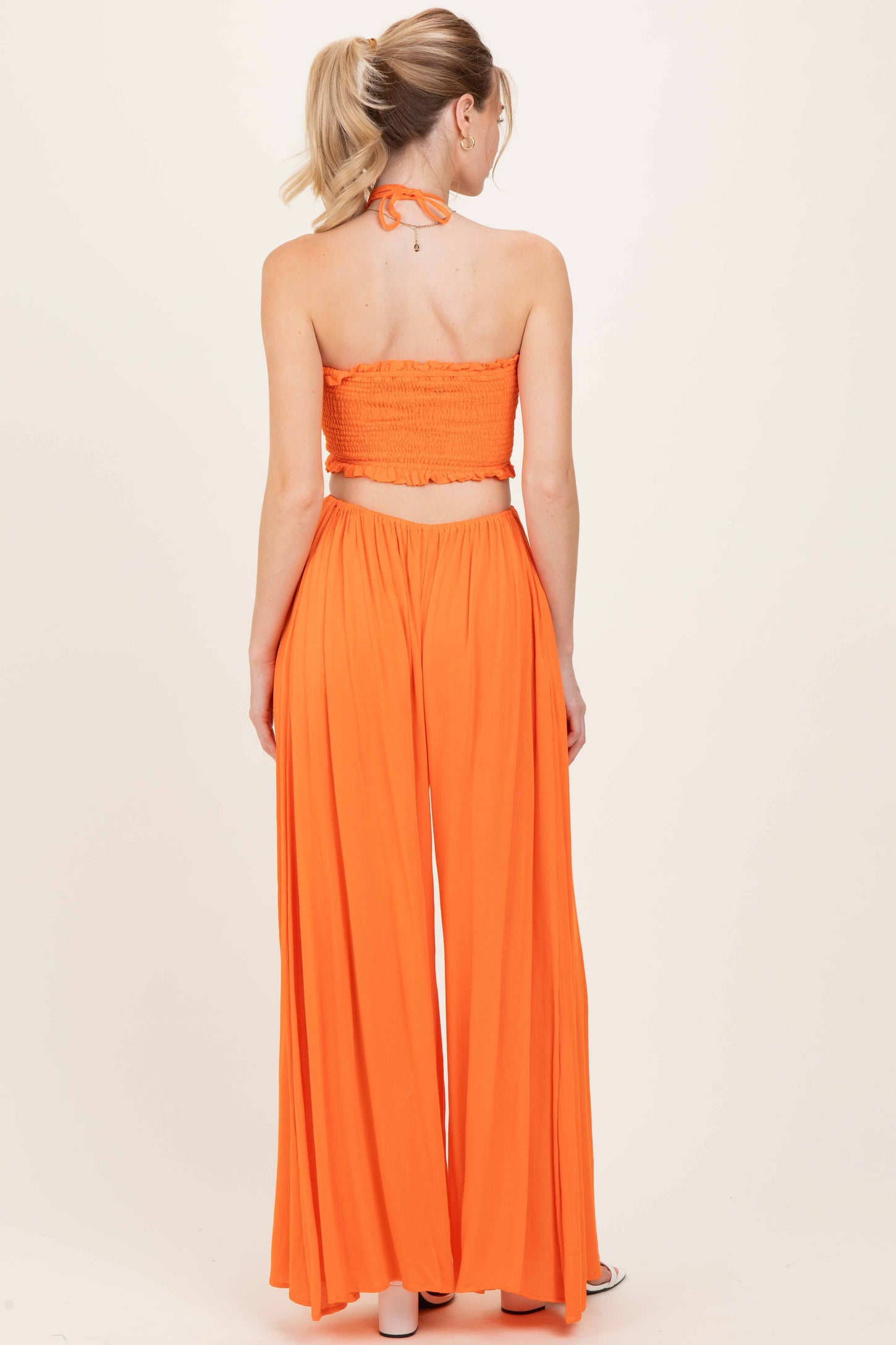 Orange Smocked Drawstring Halter Side Cutout Jumpsuit