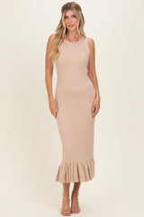 Oatmeal Ribbed Knit Sleeveless Ruffle Hem Maternity Maxi Dress