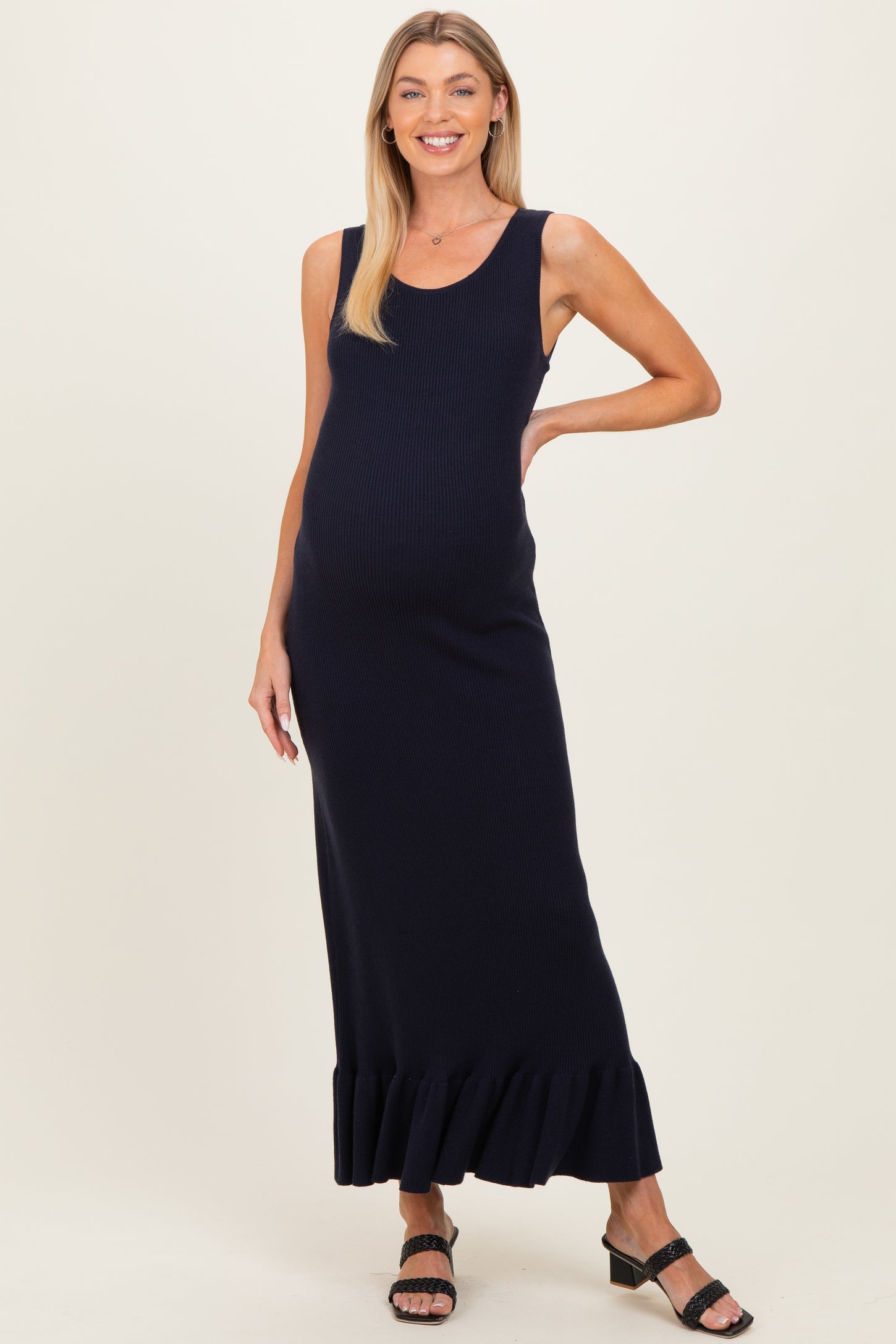 ruffle hem rib knit dress Ribbed Knit Bodycon Midi Dress with Ruffle Hem Blue Zone Planet