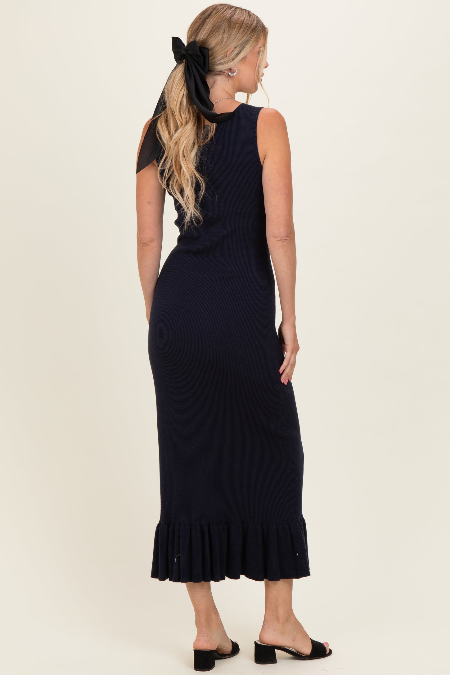 Navy Ribbed Knit Sleeveless Ruffle Hem Maxi Dress