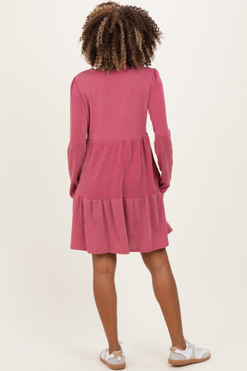Dark Mauve Textured Rib Tiered Long Sleeve Maternity Dress