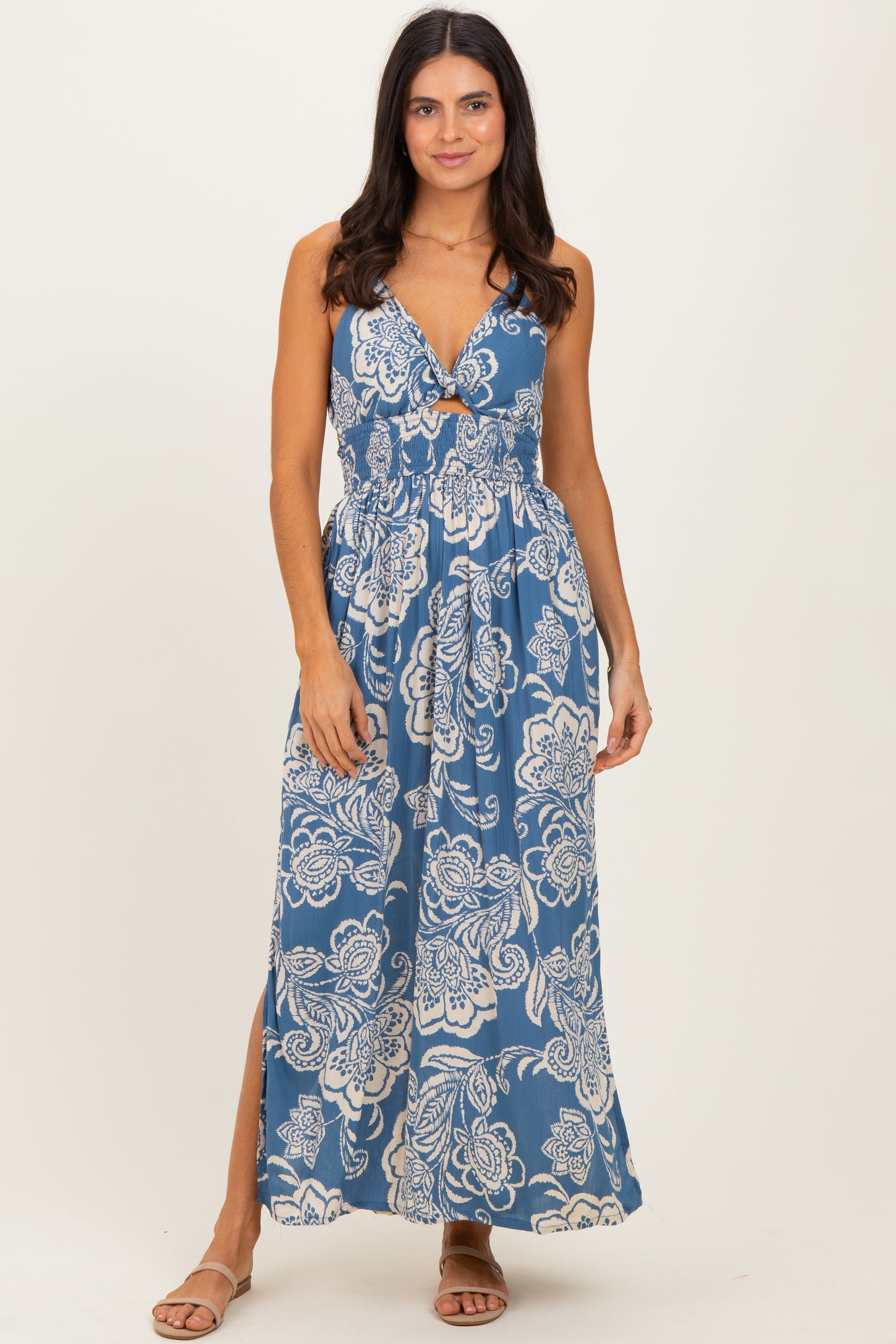 Blue Floral Twist Front Tie Back Maternity Maxi Dress