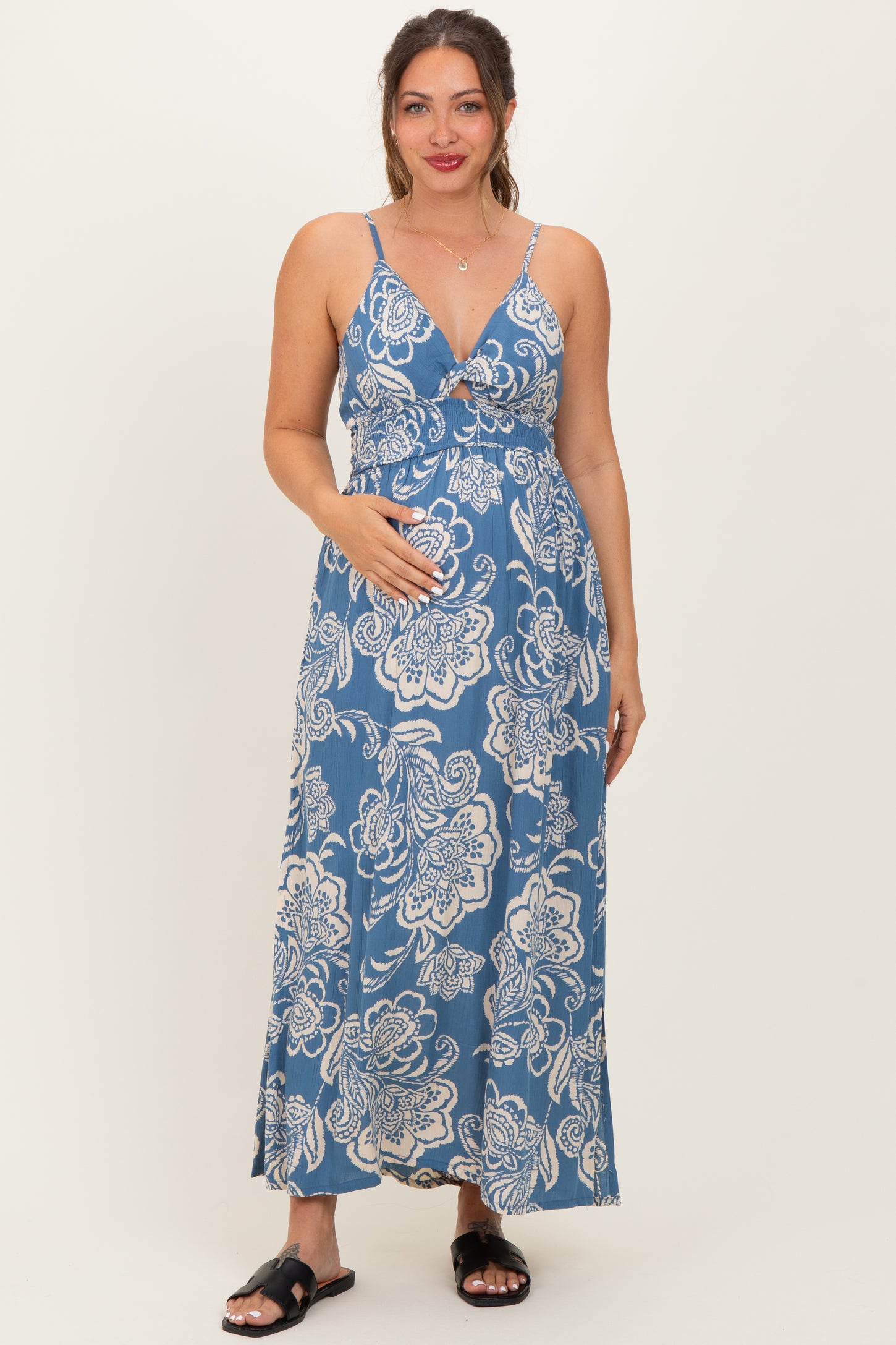 Blue Floral Twist Front Tie Back Maternity Maxi Dress