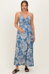 Blue Floral Twist Front Tie Back Maternity Maxi Dress