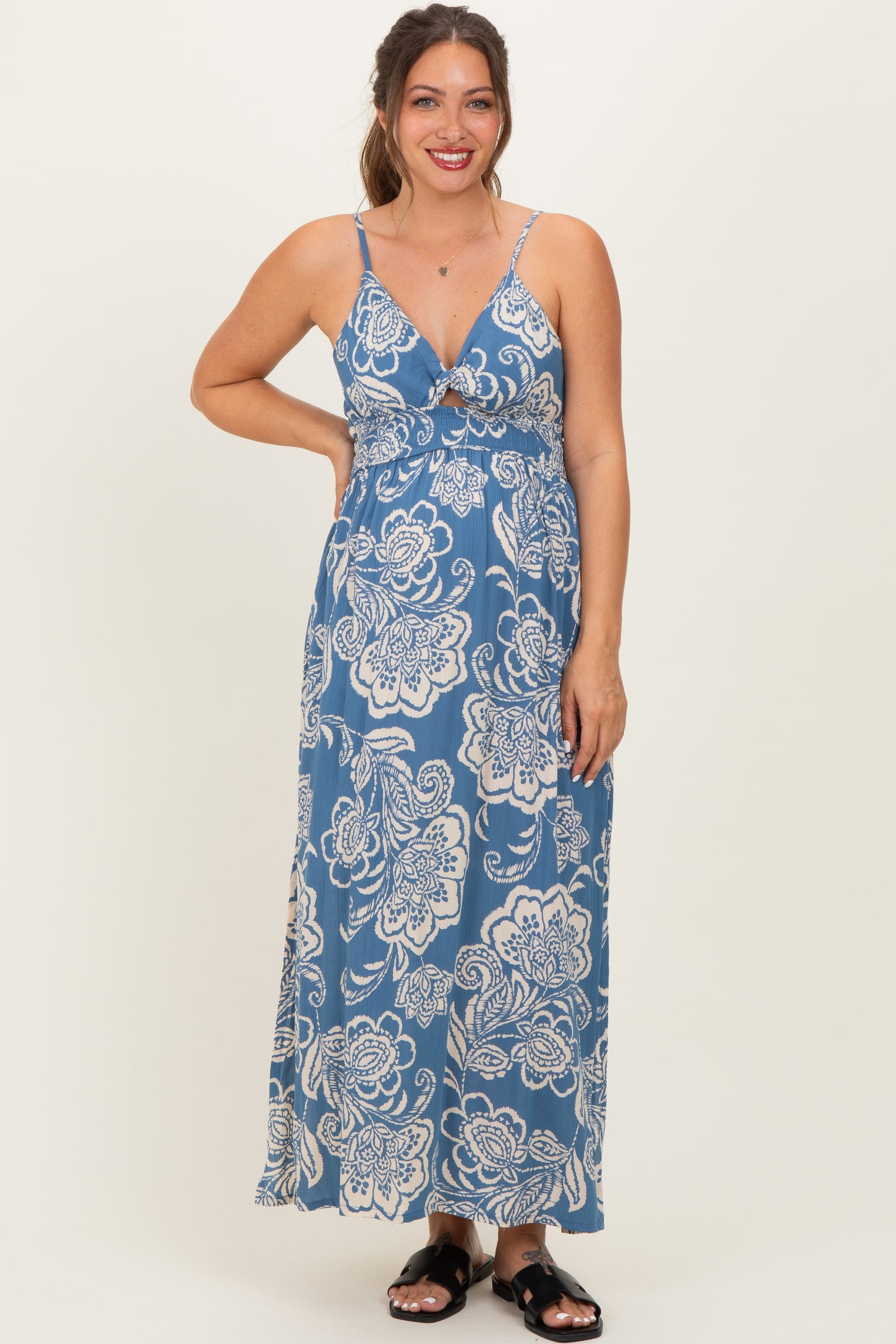 Blue Floral Twist Front Tie Back Maternity Maxi Dress