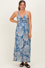 Blue Floral Twist Front Tie Back Maternity Maxi Dress
