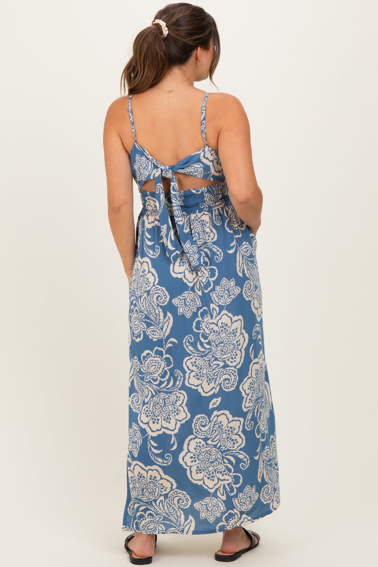 Blue Floral Twist Front Tie Back Maternity Maxi Dress