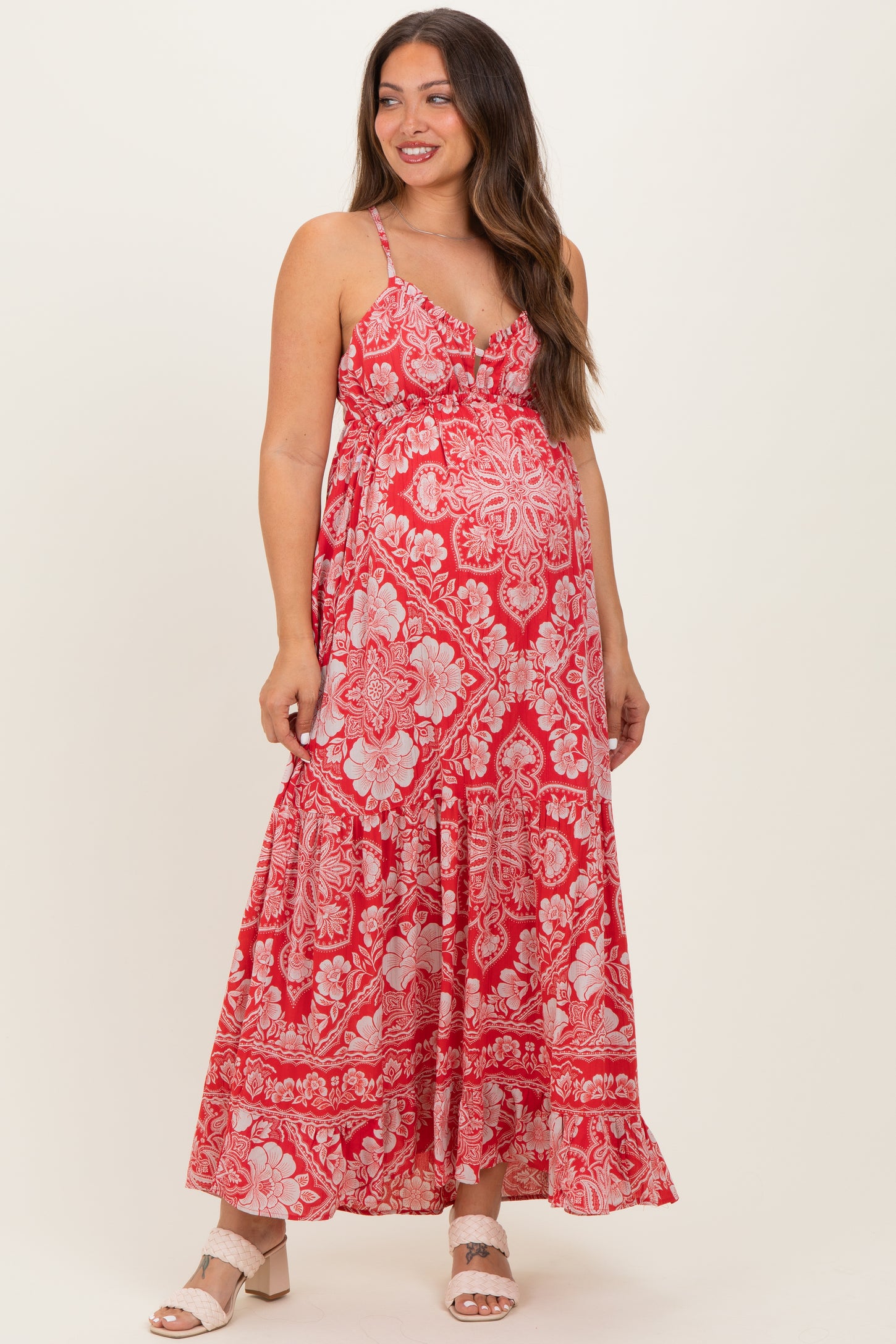 Cranberry Floral Cutout Racer Back Maternity Maxi Dress