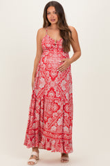Cranberry Floral Cutout Racer Back Maternity Maxi Dress