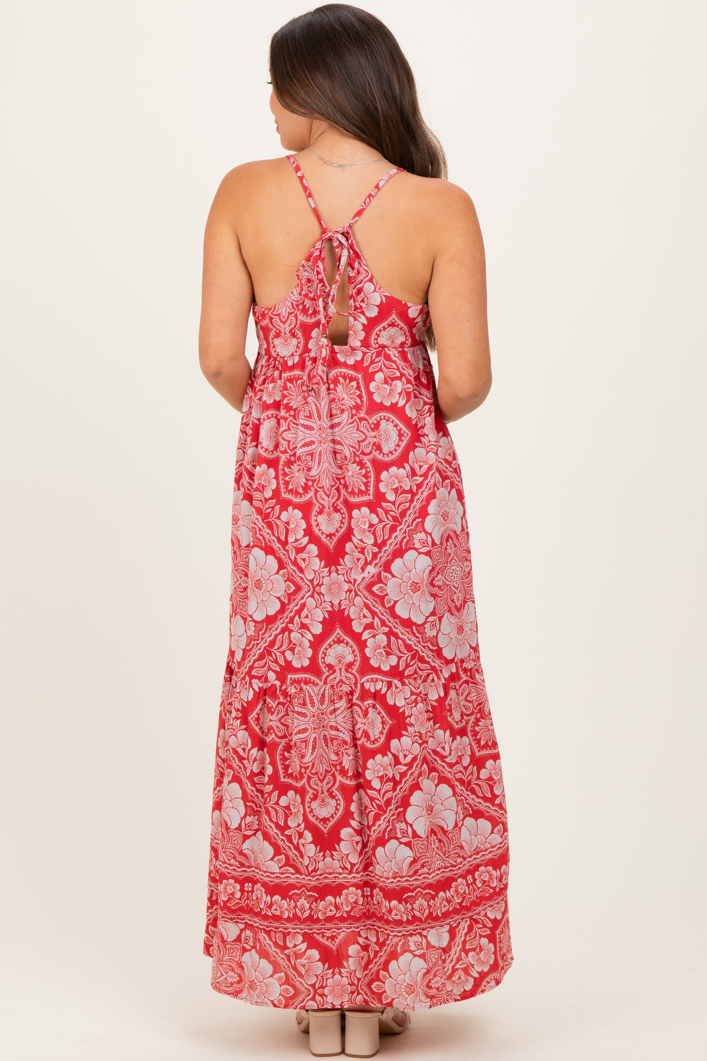 Cranberry Floral Cutout Racer Back Maternity Maxi Dress