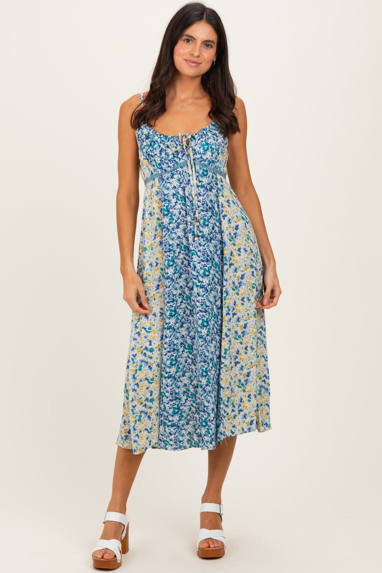 Blue Colorblock Floral Tie Front Maternity Midi Dress