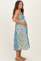 Blue Colorblock Floral Tie Front Maternity Midi Dress