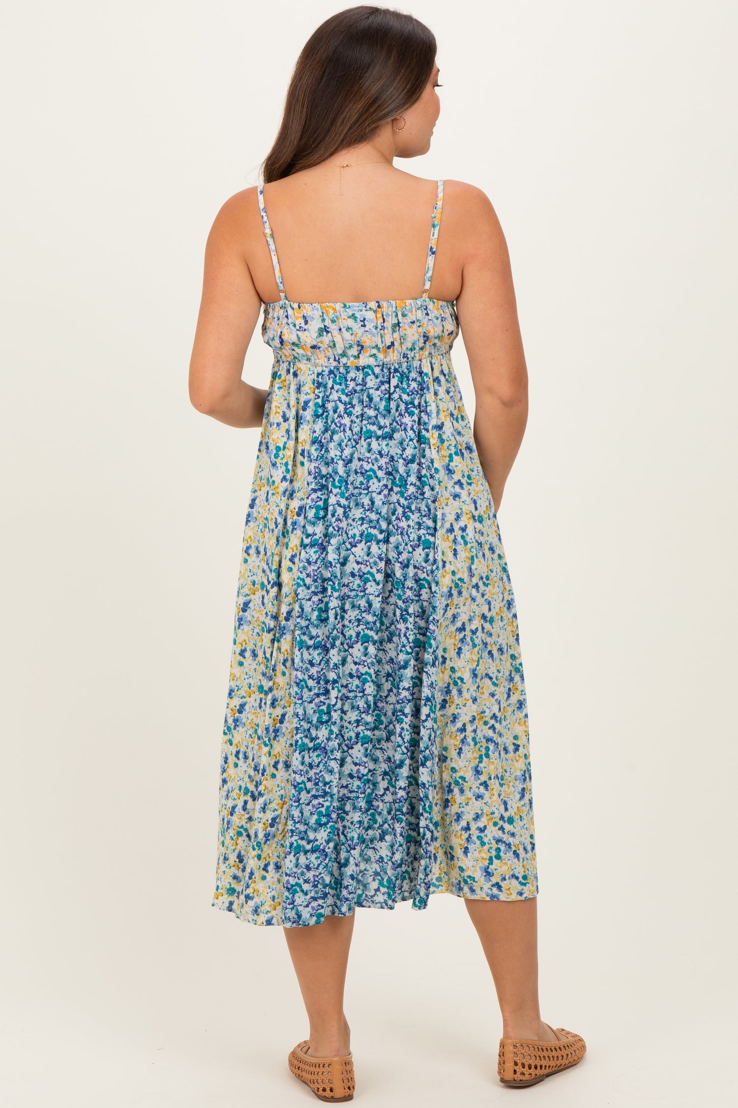 Blue Colorblock Floral Tie Front Maternity Midi Dress