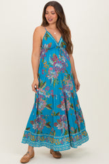 Turquoise Floral Deep V-Neck Tiered Maternity Maxi Dress