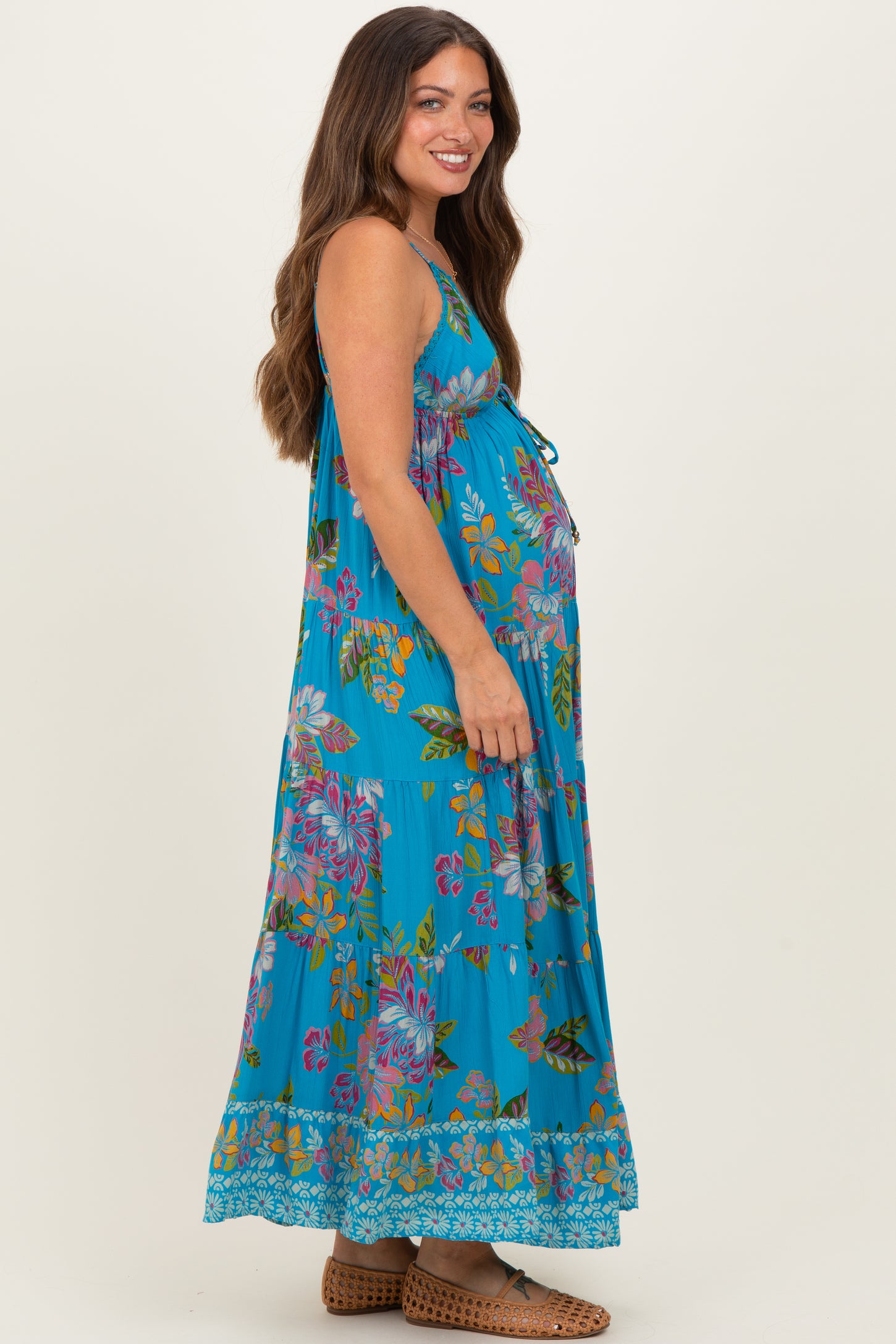 Turquoise Floral Deep V-Neck Tiered Maternity Maxi Dress