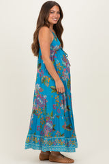 Turquoise Floral Deep V-Neck Tiered Maternity Maxi Dress
