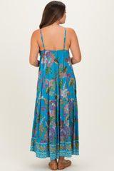 Turquoise Floral Deep V-Neck Tiered Maternity Maxi Dress