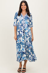 Navy Tropical Floral Tiered Maternity Midi Dress