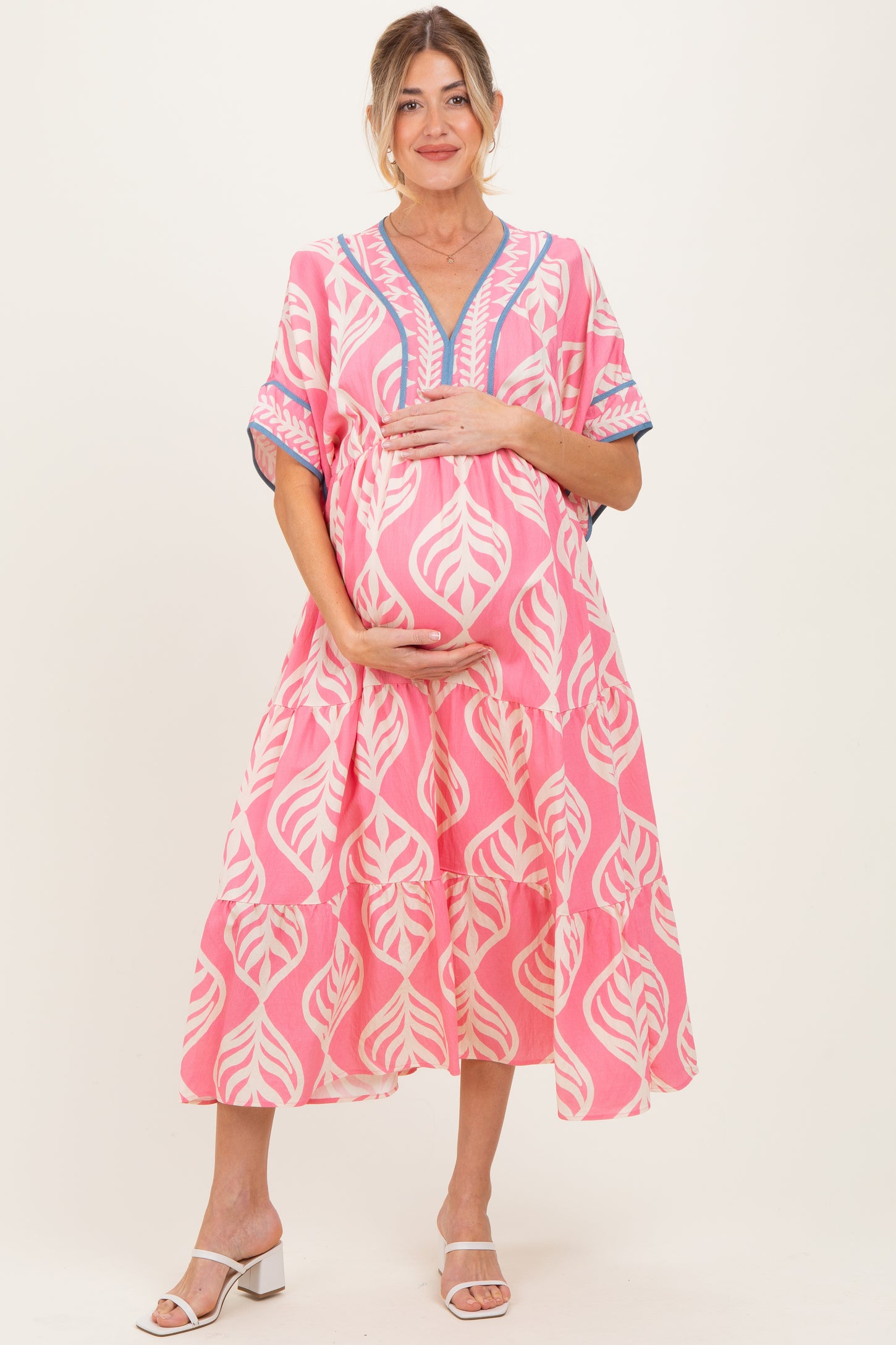 Pink Printed Dolman Sleeve Maternity Maxi Dress