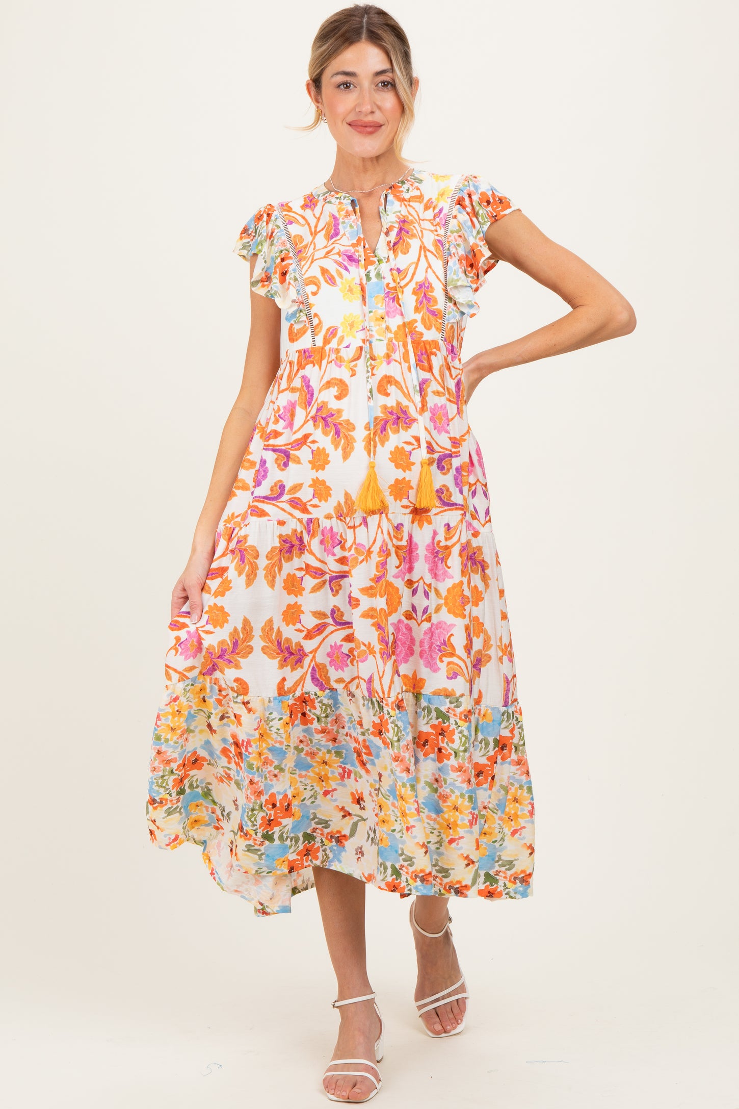 Orange Colorblock Floral Tassel Front Tie Maternity Dress