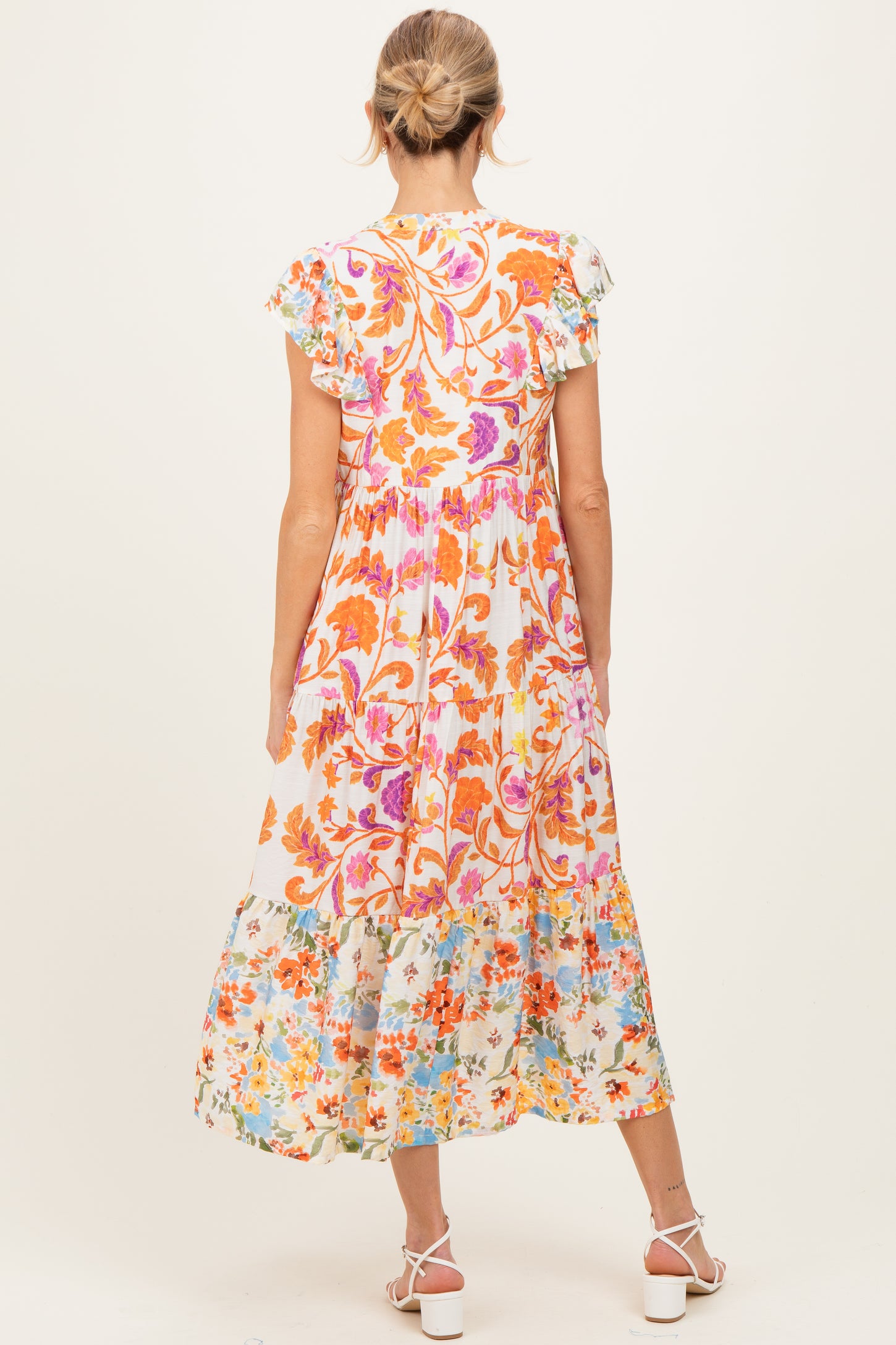 Orange Colorblock Floral Tassel Front Tie Maternity Dress