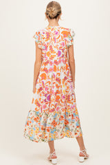 Orange Colorblock Floral Tassel Front Tie Maternity Dress
