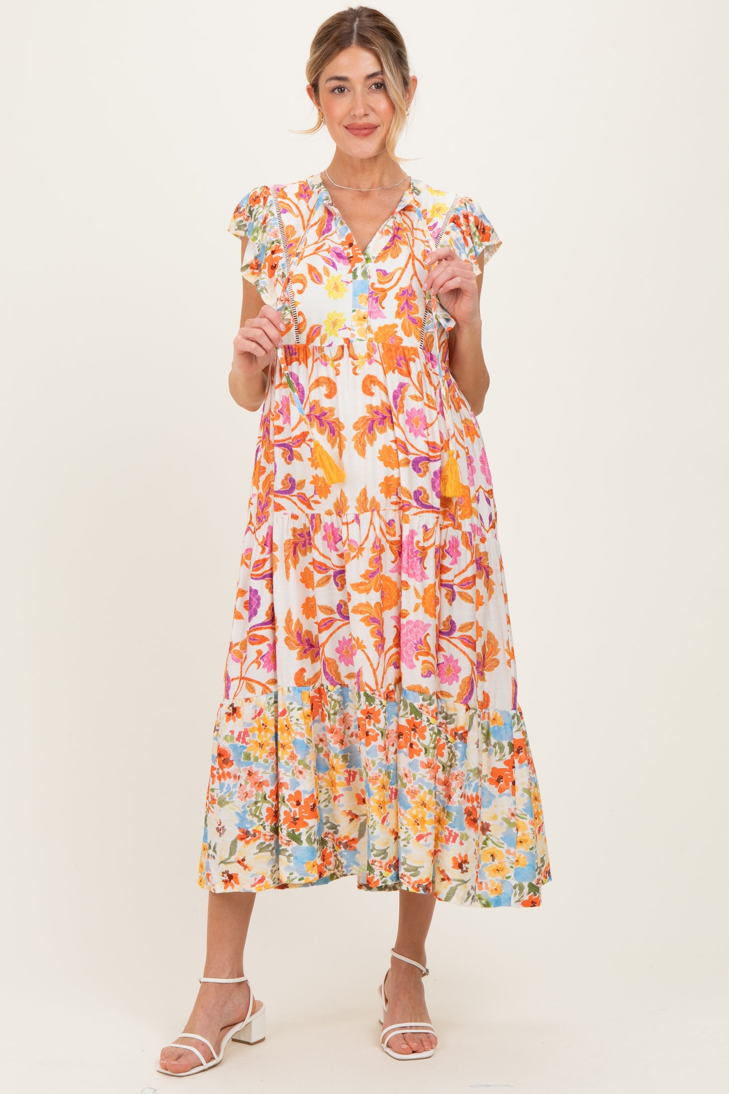 Orange Colorblock Floral Tassel Front Tie Maternity Dress