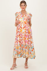 Orange Colorblock Floral Tassel Front Tie Maternity Dress