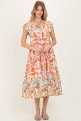 Orange Colorblock Floral Tassel Front Tie Dress