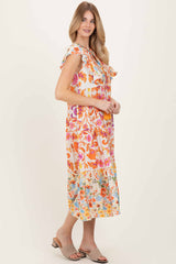 Orange Colorblock Floral Tassel Front Tie Dress