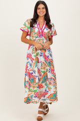Cream Boho Print Lace Trim Tiered Midi Dress