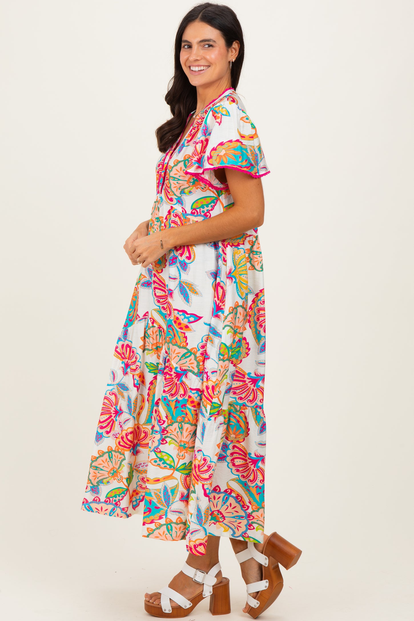 Cream Boho Print Lace Trim Tiered Midi Dress