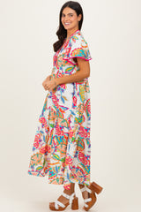 Cream Boho Print Lace Trim Tiered Midi Dress