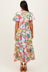 Cream Boho Print Lace Trim Tiered Midi Dress