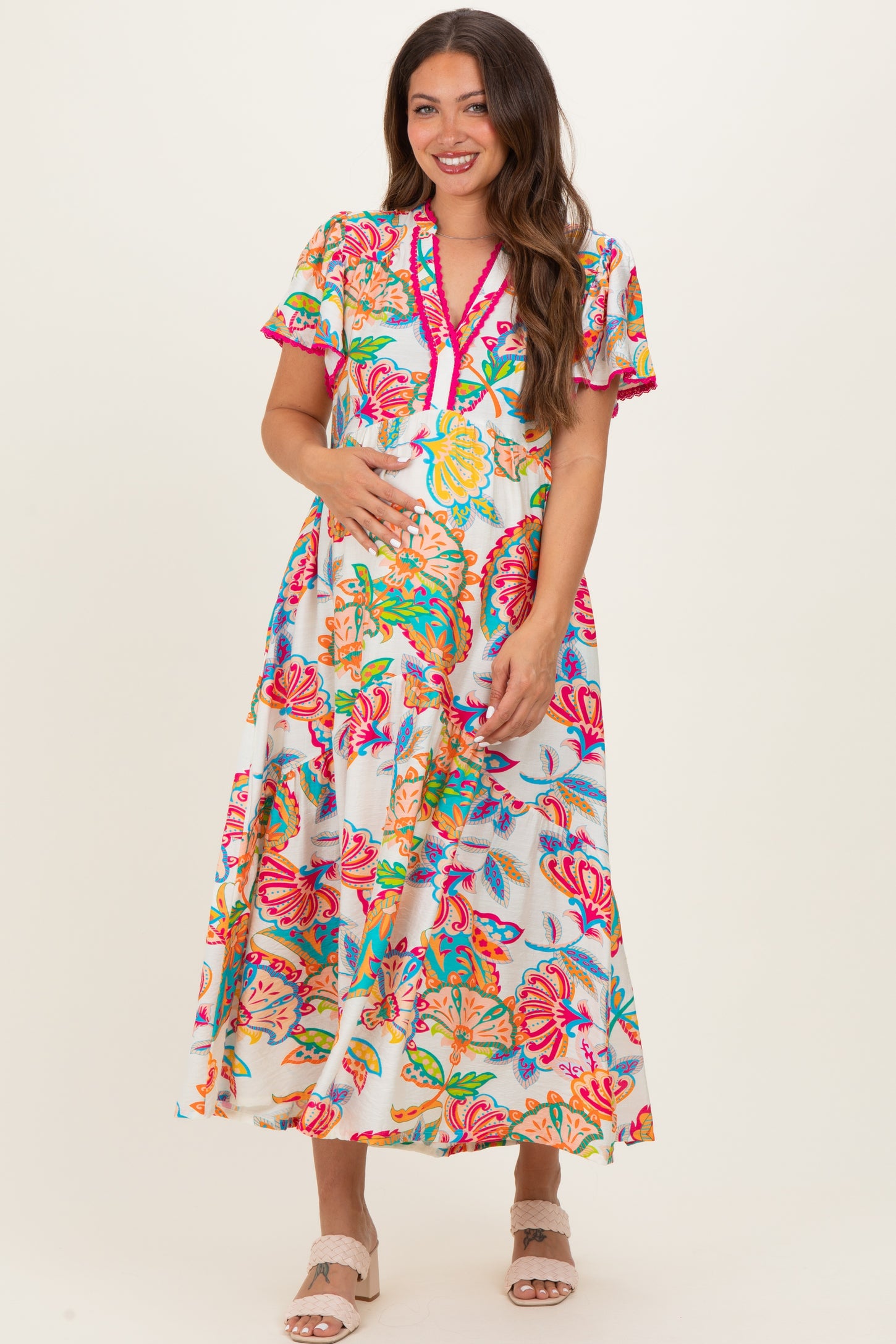 Cream Boho Print Lace Trim Tiered Maternity Midi Dress – PinkBlush