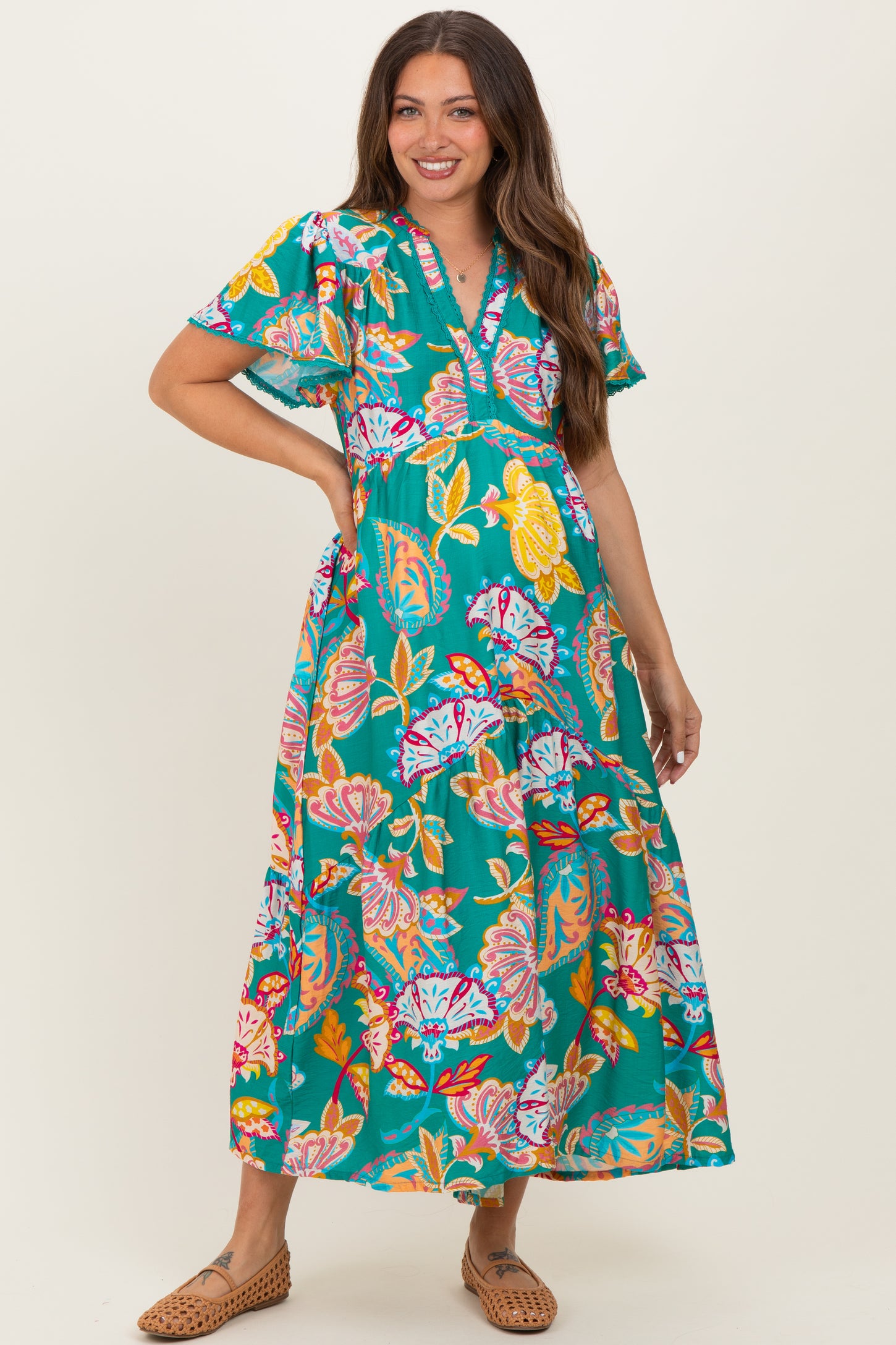 Emerald Boho Print Lace Trim Tiered Maternity Midi Dress