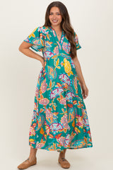 Emerald Boho Print Lace Trim Tiered Maternity Midi Dress