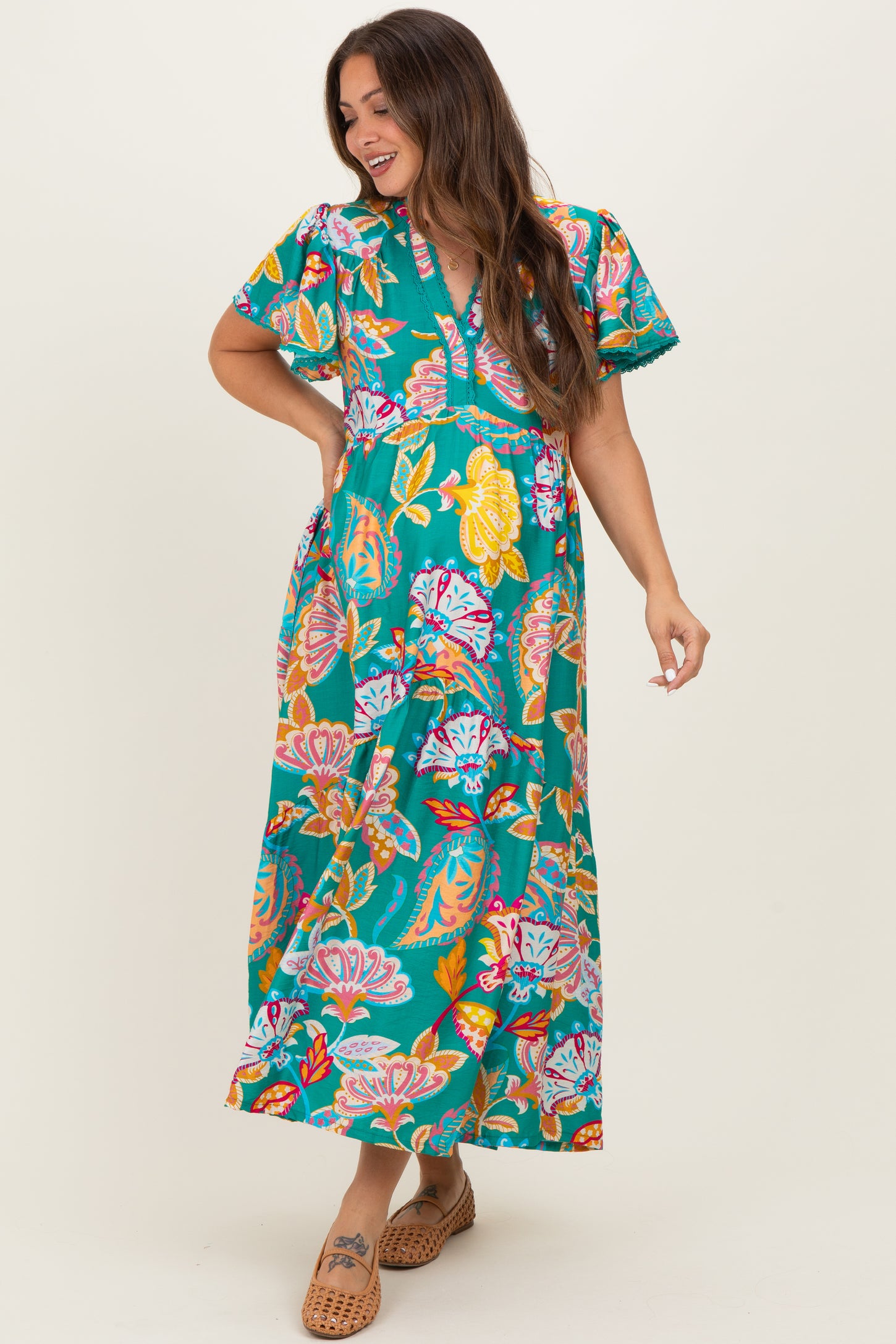 Emerald Boho Print Lace Trim Tiered Maternity Midi Dress PinkBlush Emerald Boho Print Lace Trim Tiered Maternity Midi Dress PinkBlush