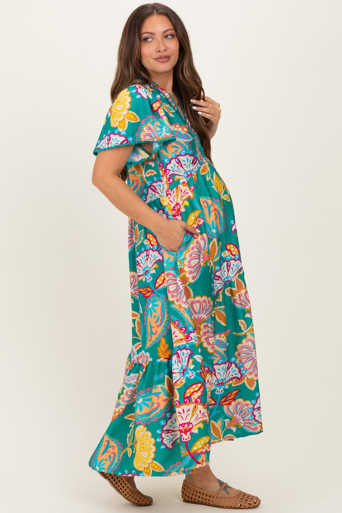 Emerald Boho Print Lace Trim Tiered Maternity Midi Dress