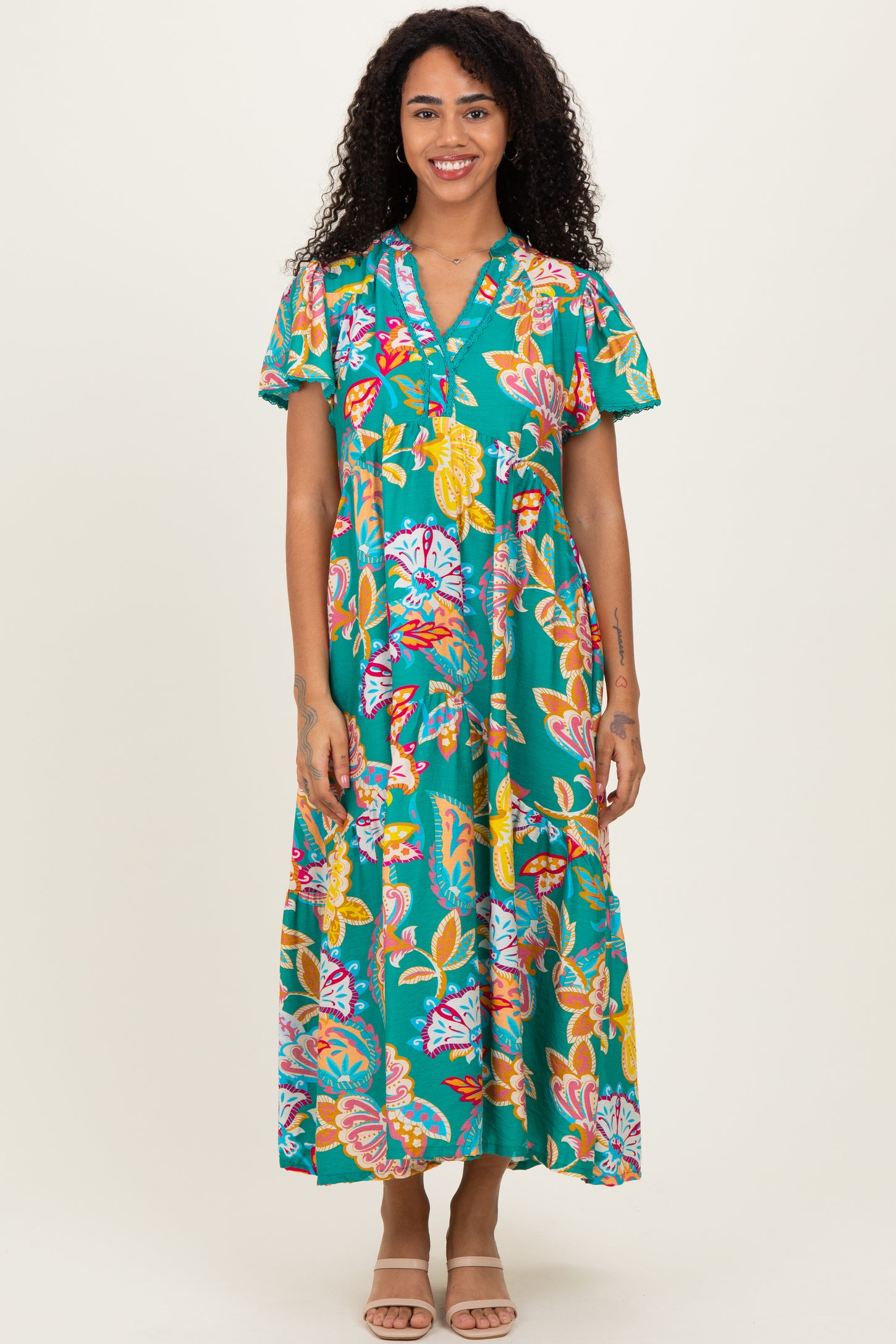 Emerald Boho Print Lace Trim Tiered Maternity Midi Dress – PinkBlush