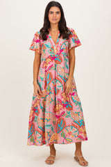 Pink Boho Print Lace Trim Tiered Midi Dress