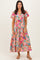 Pink Boho Print Lace Trim Tiered Midi Dress