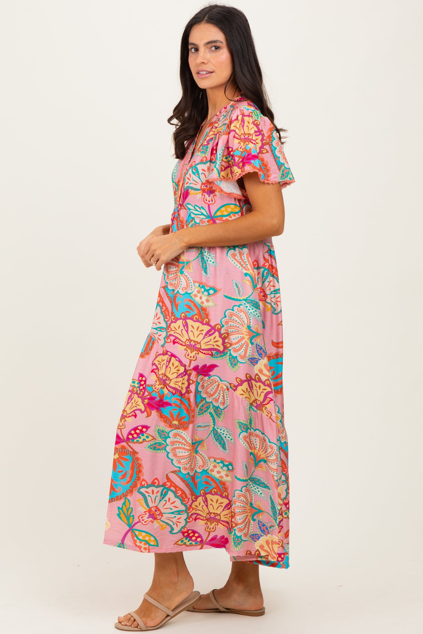 Pink Boho Print Lace Trim Tiered Midi Dress