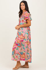 Pink Boho Print Lace Trim Tiered Midi Dress