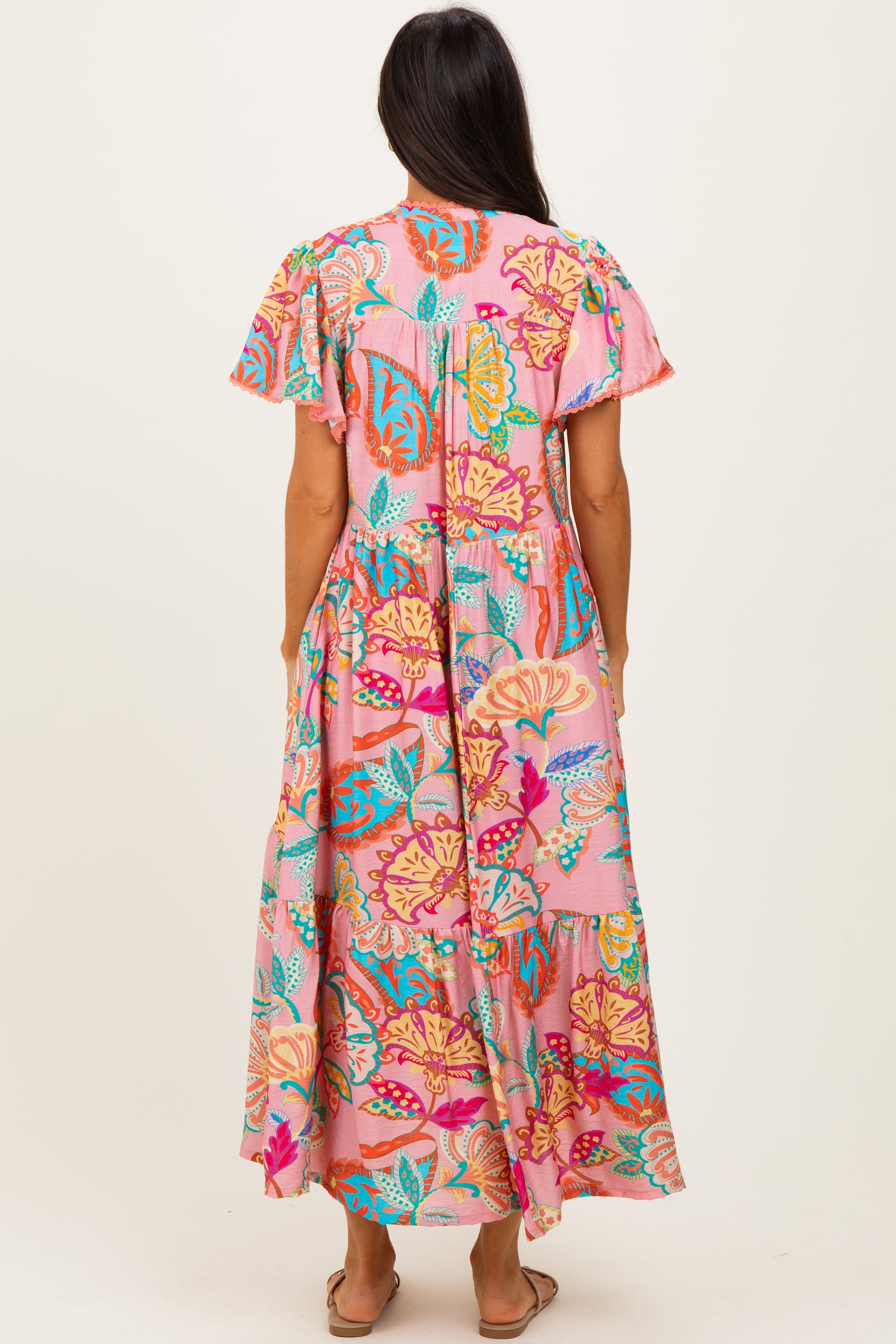 Pink Boho Print Lace Trim Tiered Midi Dress