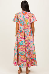 Pink Boho Print Lace Trim Tiered Midi Dress
