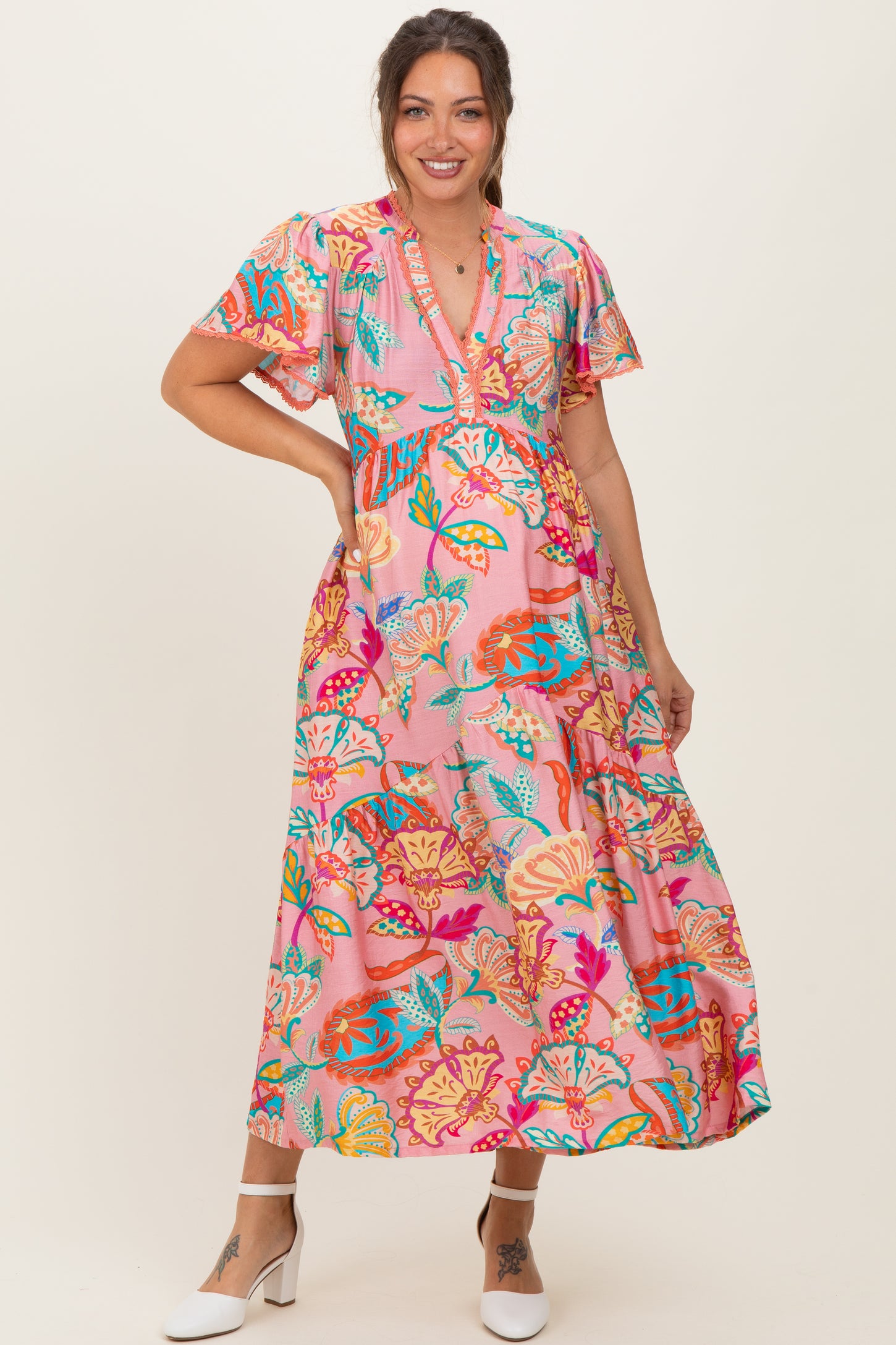 midi boho maternity dress Emerald Boho Print Lace Trim Tiered Maternity Midi Dress