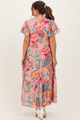 Pink Boho Print Lace Trim Tiered Maternity Midi Dress